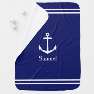 White Anchor on Navy Blue Personalized Baby Blanket