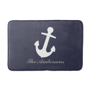 White Anchor on Navy Blue, Personalized Nautical Bath Mat