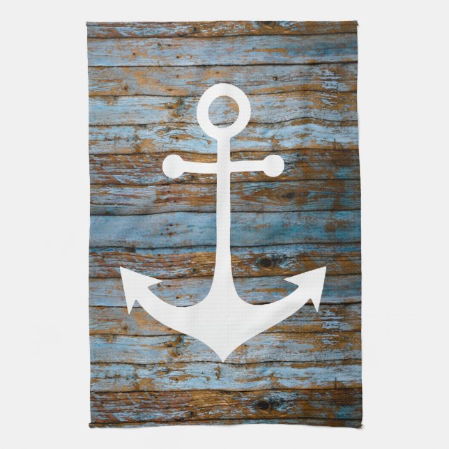 white anchor on wood kitchen towel (Vertical)