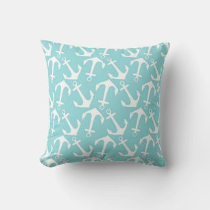 White Anchor Pattern on Aqua Throw Pillow