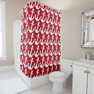 White Anchor Pattern on Red Background, Nautical Shower Curtain
