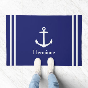 White Anchor Personalized Navy Blue Nautical Doormat