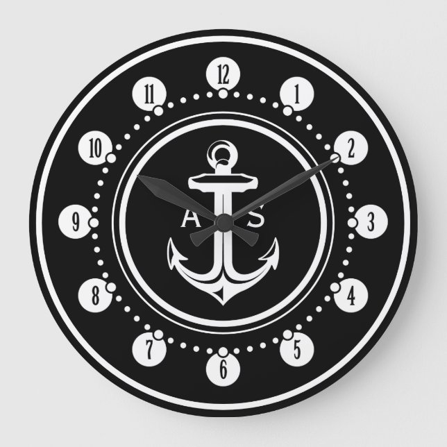 White anchor with initials | Nautical Gifts Large Clock (Front)