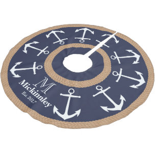 White Anchors and Brown Rope Nautical Family Name Brushed Polyester Tree Skirt