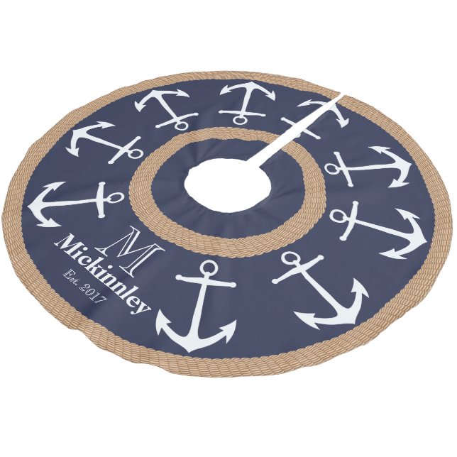 White Anchors and Brown Rope Nautical Family Name Brushed Polyester Tree Skirt (Angled)