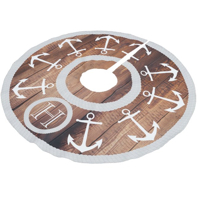 White Anchors and Rope Nautical Dark Wood Monogram Brushed Polyester Tree Skirt (Angled)