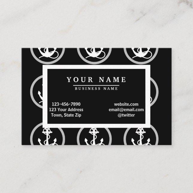 White Anchors Black Background Pattern Business Card (Front)