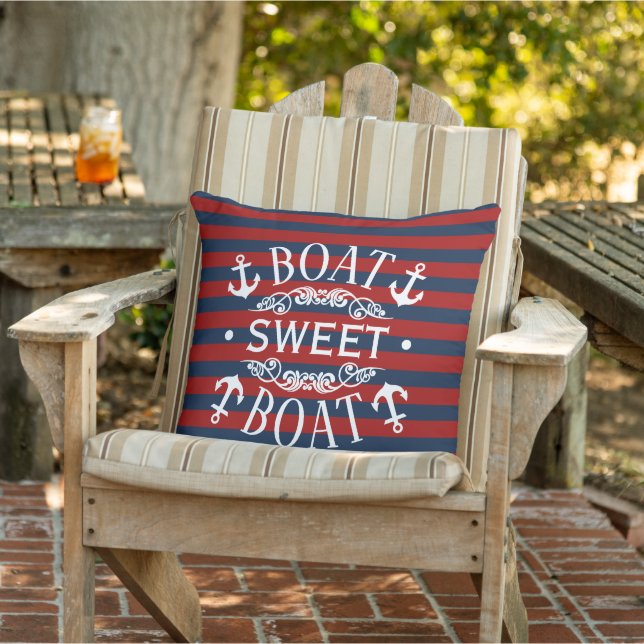 White Anchors Boat Sweet Boat Quote On Stripe Outdoor Pillow (Chair)