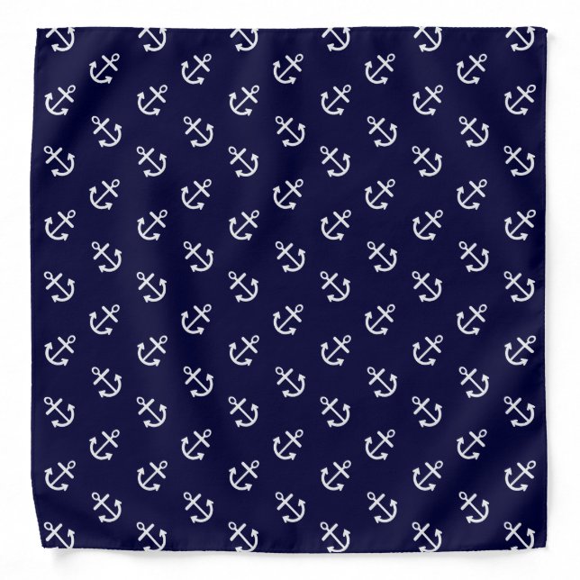 White Anchors Navy Blue Background Pattern Bandana (Front)