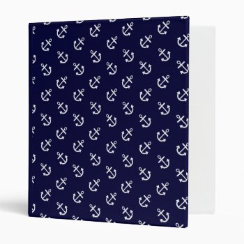White Anchors Navy Blue Background Pattern Binder by GraphicsByMimi at Zazzle