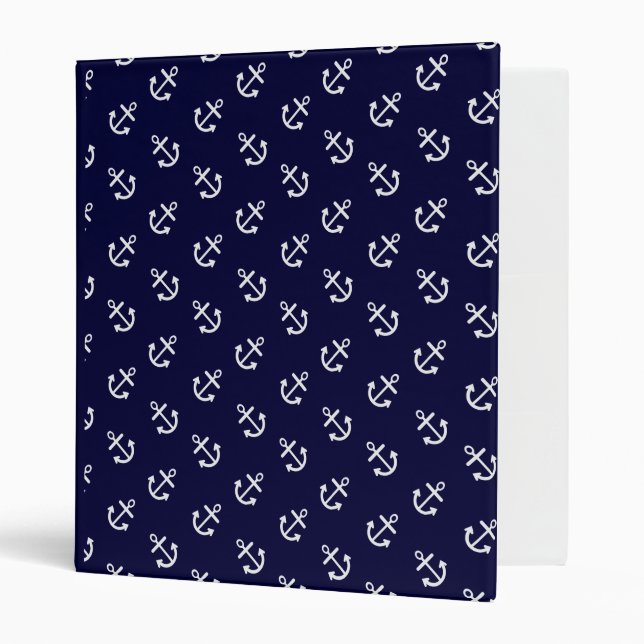 White Anchors Navy Blue Background Pattern Binder (Front/Inside)
