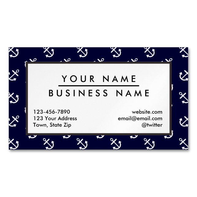 White Anchors Navy Blue Background Pattern Business Card Magnet (Front)