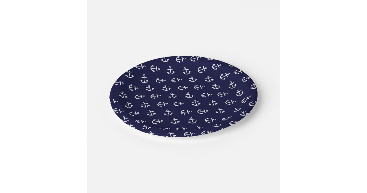 White Anchors Navy Blue Background Pattern Paper Plate | Zazzle