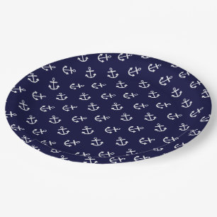 White Anchors Navy Blue Background Pattern Paper Plates