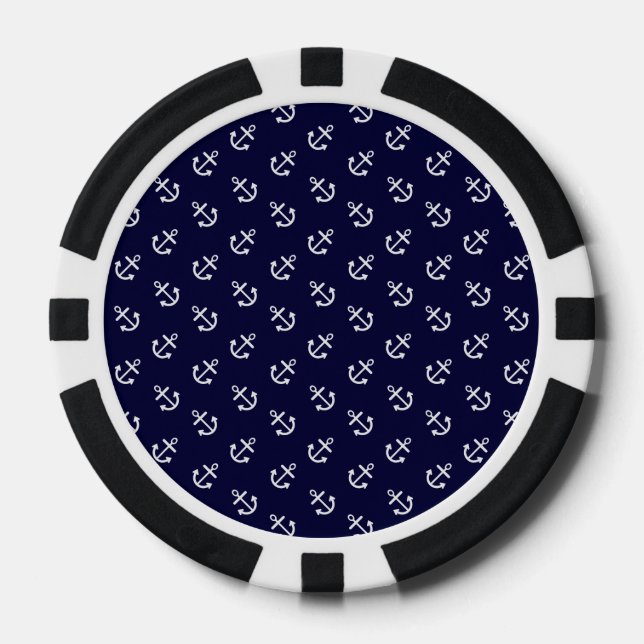 White Anchors Navy Blue Background Pattern Poker Chips (Front)