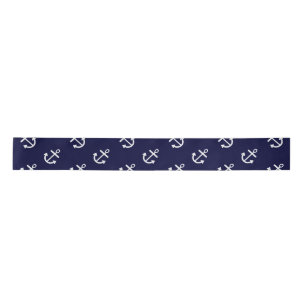 White Anchors Navy Blue Background Pattern Satin Ribbon
