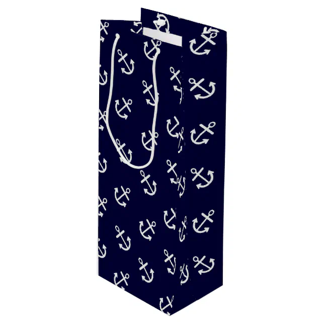 White Anchors Navy Blue Background Pattern Wine Gift Bag Zazzle