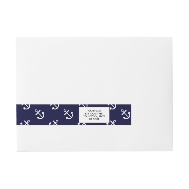 White Anchors Navy Blue Background Pattern Wrap Around Address Label (Front)
