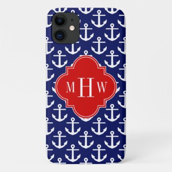 White Anchors Navy Blue  Red 3 Initial Monogram Iphone 11 Case by FantabulousCases at Zazzle