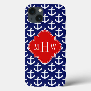 White Anchors Navy Blue, Red 3 Initial Monogram iPhone 13 Case