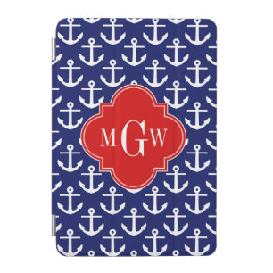 White Anchors Navy Blue, Red 3 Initial Monogram iPad Mini Cover