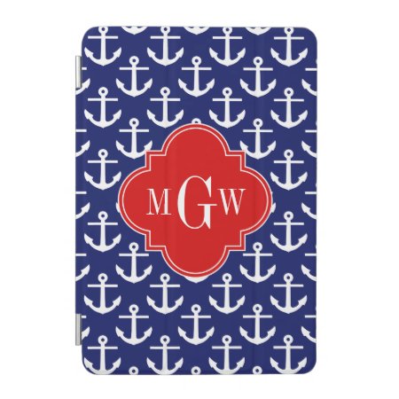 White Anchors Navy Blue, Red 3 Initial Monogram Ipad Mini Cover