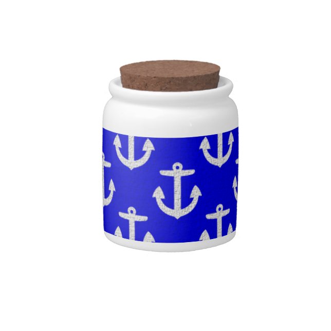 White Anchors On Blue Background Candy Jar (Front)