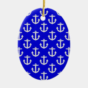 White Anchors On Blue Background Ceramic Ornament