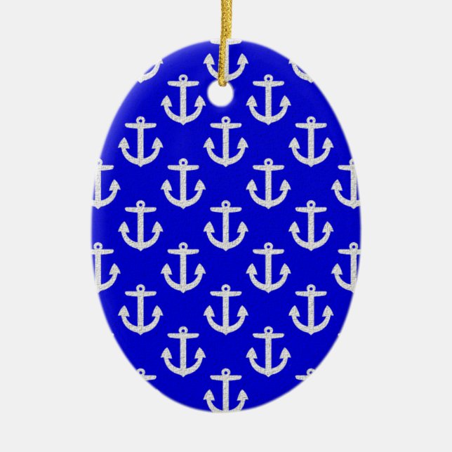 White Anchors On Blue Background Ceramic Ornament (Front)
