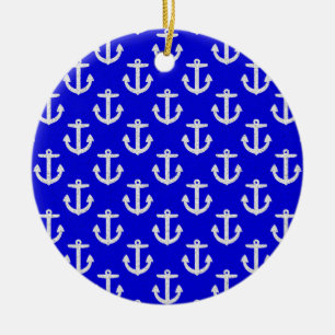 White Anchors On Blue Background Ceramic Ornament