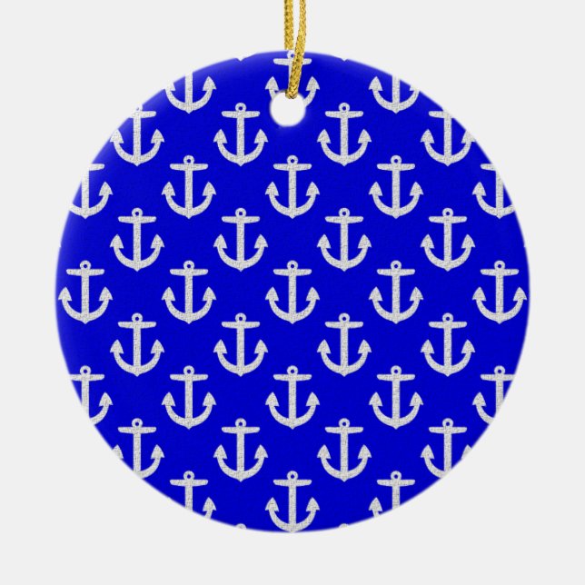 White Anchors On Blue Background Ceramic Ornament (Front)
