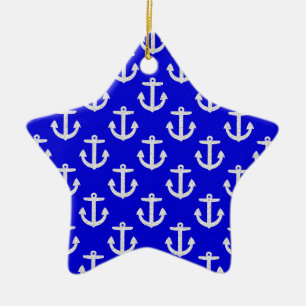 White Anchors On Blue Background Ceramic Ornament