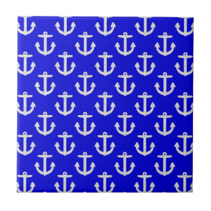 White Anchors On Blue Background Ceramic Tile