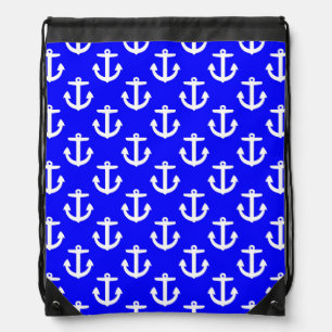 White Anchors On Blue Background Drawstring Bag
