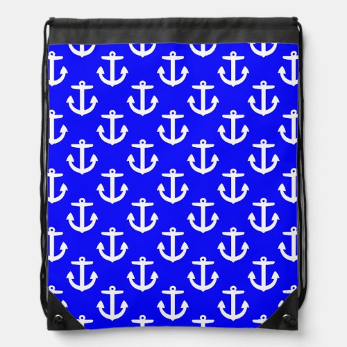 White Anchors On Blue Background Drawstring Bag