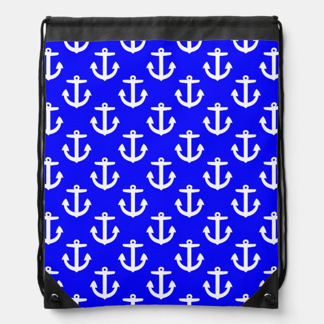White Anchors On Blue Background Drawstring Bag (Front)