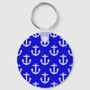 White Anchors On Blue Background Keychain
