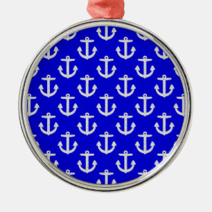 White Anchors On Blue Background Metal Ornament
