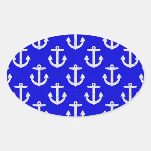 White Anchors On Blue Background Oval Sticker