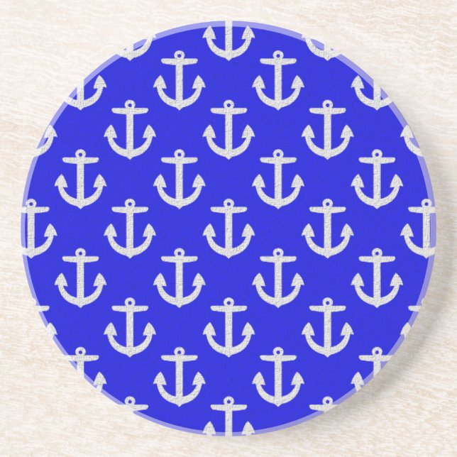 White Anchors On Blue Background Sandstone Coaster (Front)