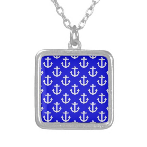 White Anchors On Blue Background Silver Plated Necklace