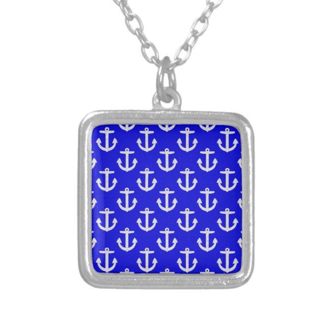 White Anchors On Blue Background Silver Plated Necklace (Front)