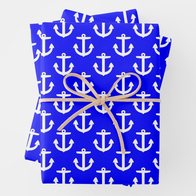 White Anchors On Blue Background Wrapping Paper Sheets (In situ)