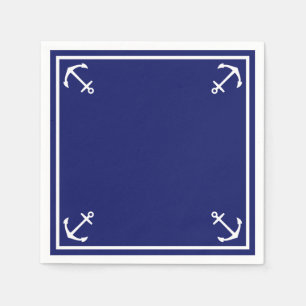 White Anchors on Blue Customizable Cocktail Napkins