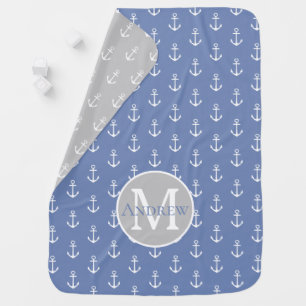White Anchors on Blue Grey Monogram Reversible Baby Blanket
