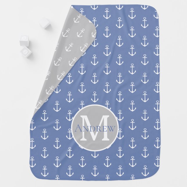 White Anchors on Blue Grey Monogram Reversible Baby Blanket (In Situ)