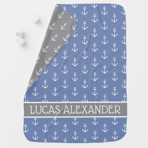 White Anchors on Blue Grey Personalized Reversible Baby Blanket
