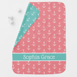 White Anchors on Coral and Teal Personalized Baby Blanket