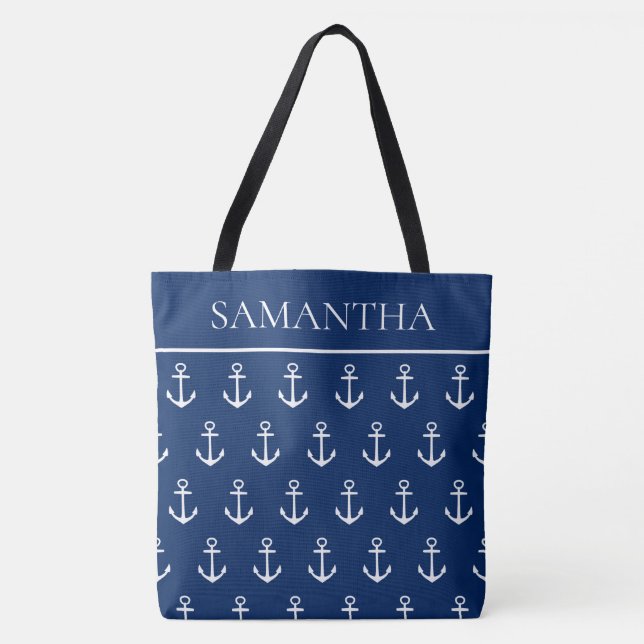 White Anchors on Navy Blue Personalized Tote Bag (Front)