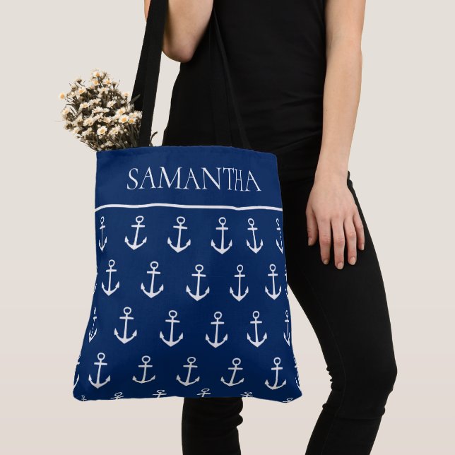 White Anchors on Navy Blue Personalized Tote Bag (Close Up)